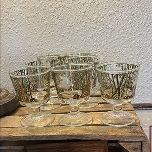 Hollywood Regency Elegant Glass Goblet Set with Gold Bamboo Detailing 7 pieces